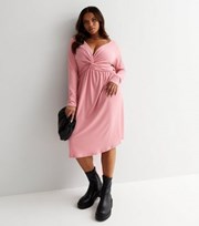 New Look Curves Pink Ribbed Twist Front Midi Dress